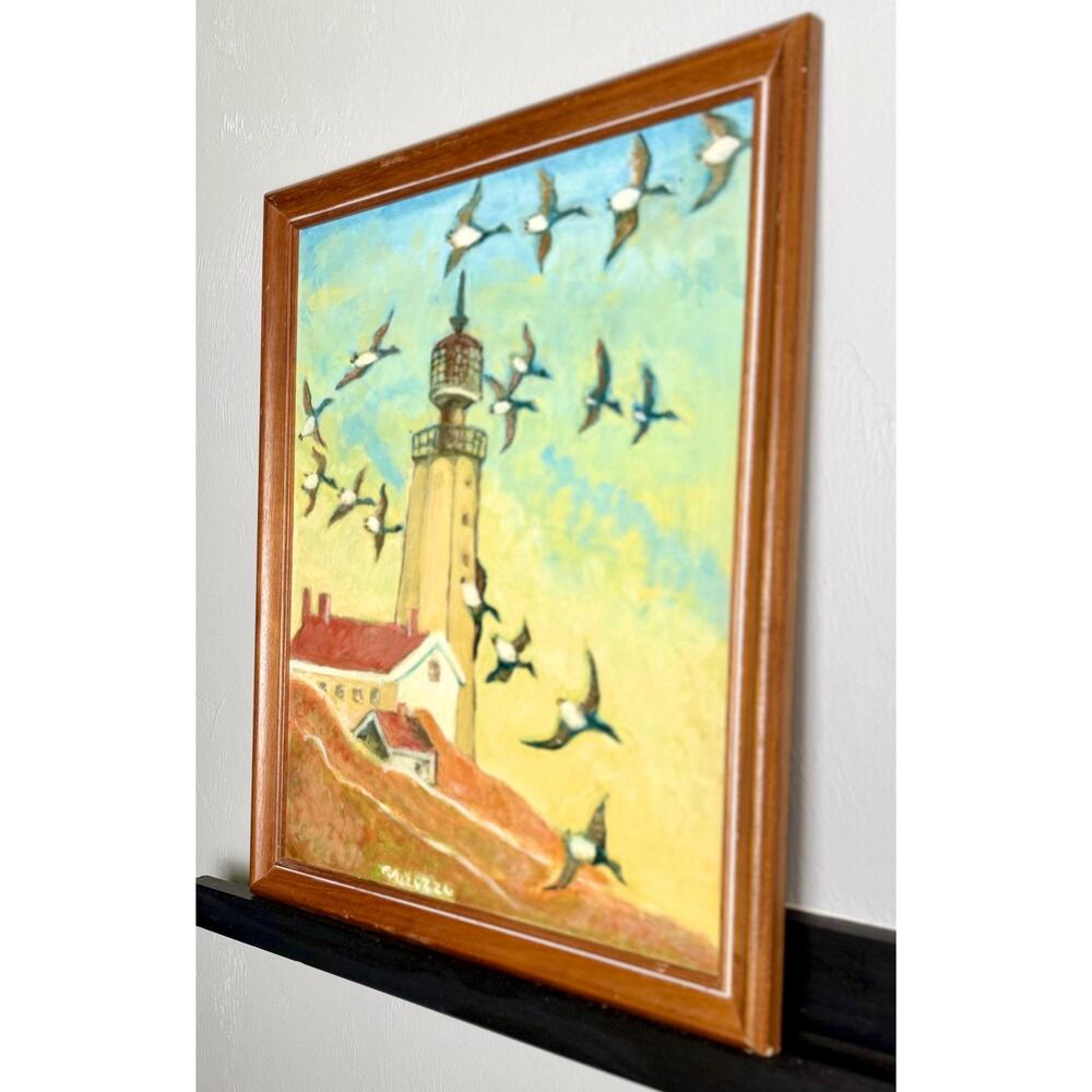 Vintage Original Lighthouse Painting Flying Seabirds Signed Coastal Wall Decor - Picture 2 of 14